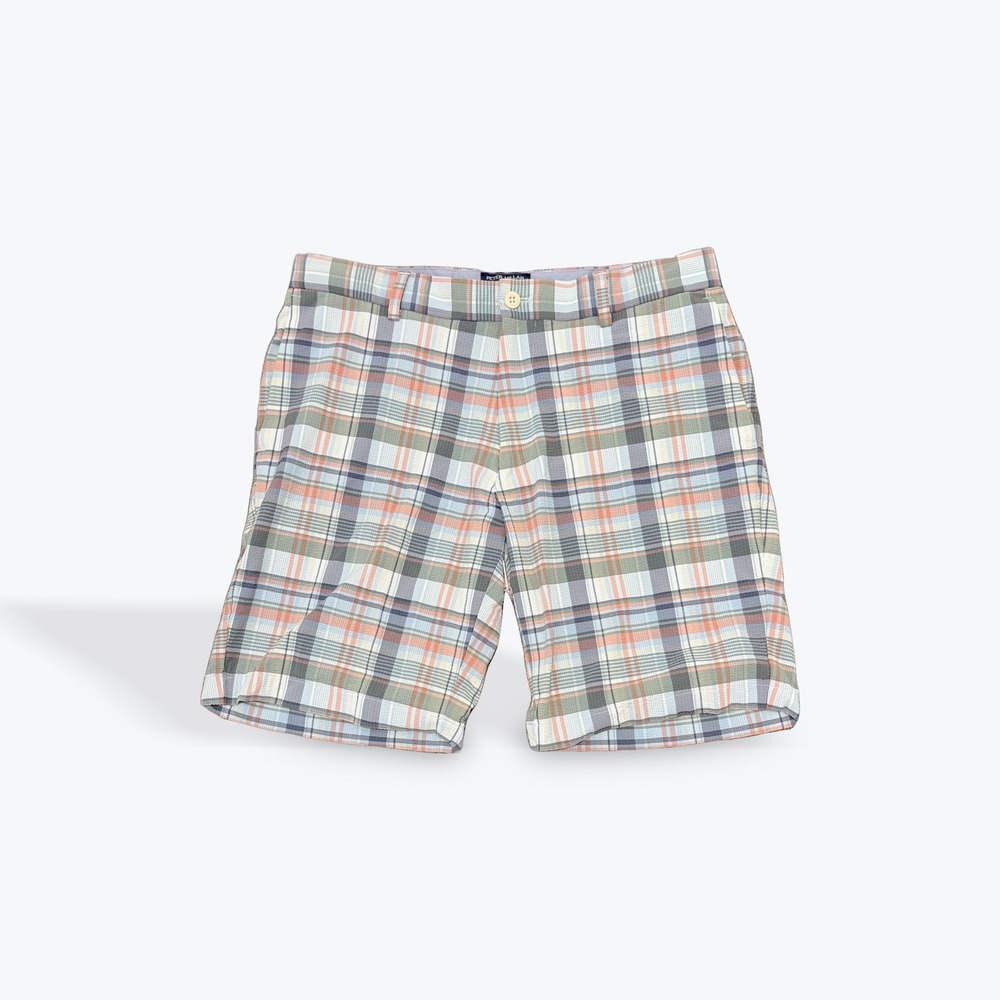 Peter Millar Mens Plaid Flat‎ Front Shorts Blue Orange Tan Golf Casual Check 32
